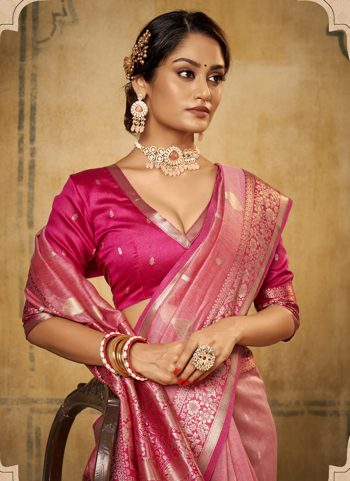 Lassya Fashion Rose Pink Classic Banarasi Silk Saree and Blouse Set