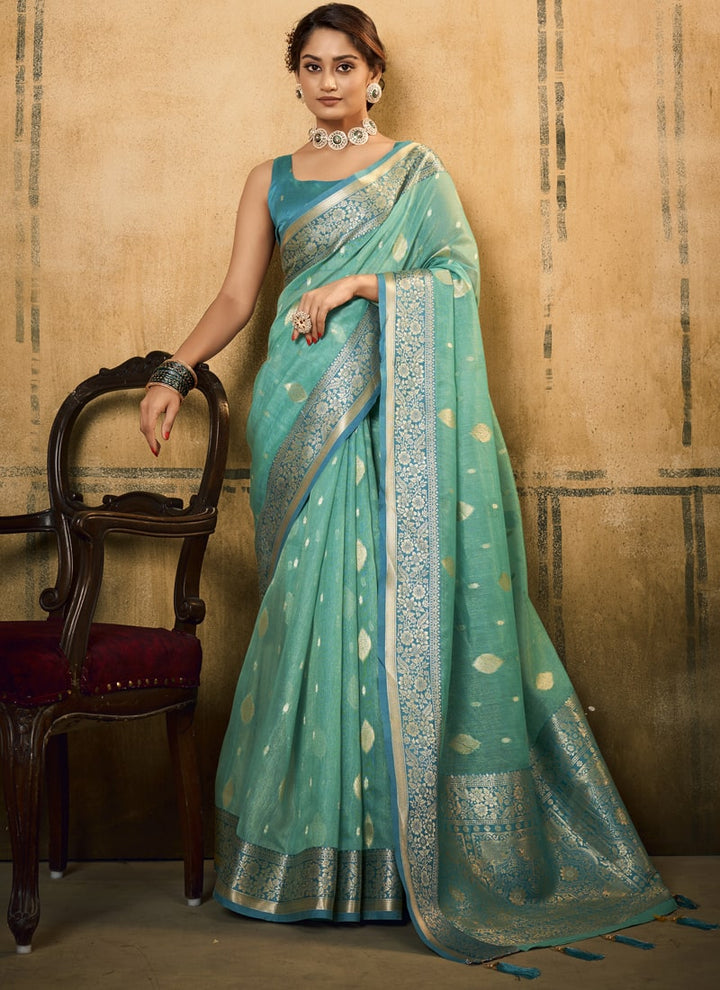 Lassya Fashion Sea Green Classic Banarasi Silk Saree and Blouse Set