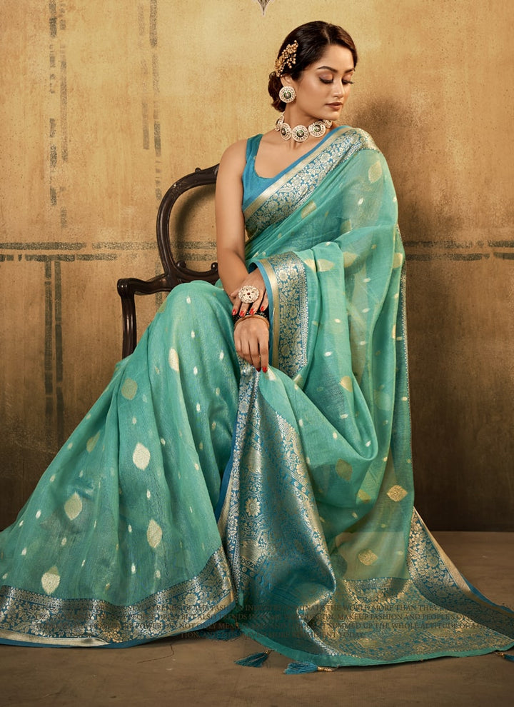 Lassya Fashion Sea Green Classic Banarasi Silk Saree and Blouse Set