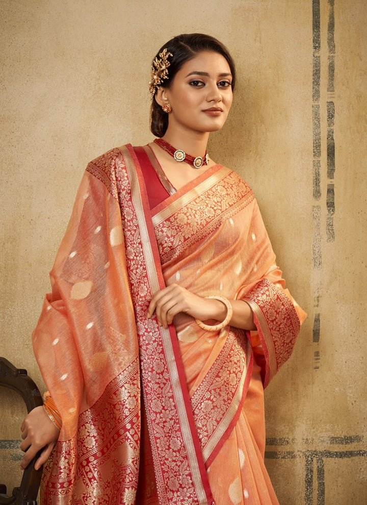 Lassya Fashion Apricot Orange Classic Banarasi Silk Saree and Blouse Set