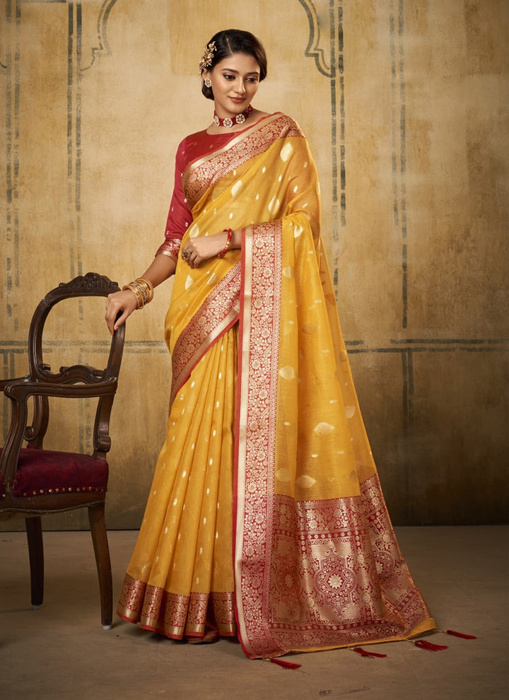 Lassya Fashion Mustard Yellow Classic Banarasi Silk Saree and Blouse Set