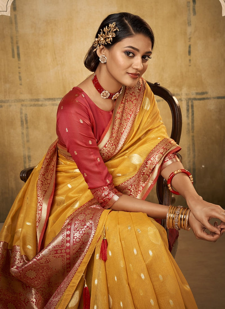 Lassya Fashion Mustard Yellow Classic Banarasi Silk Saree and Blouse Set