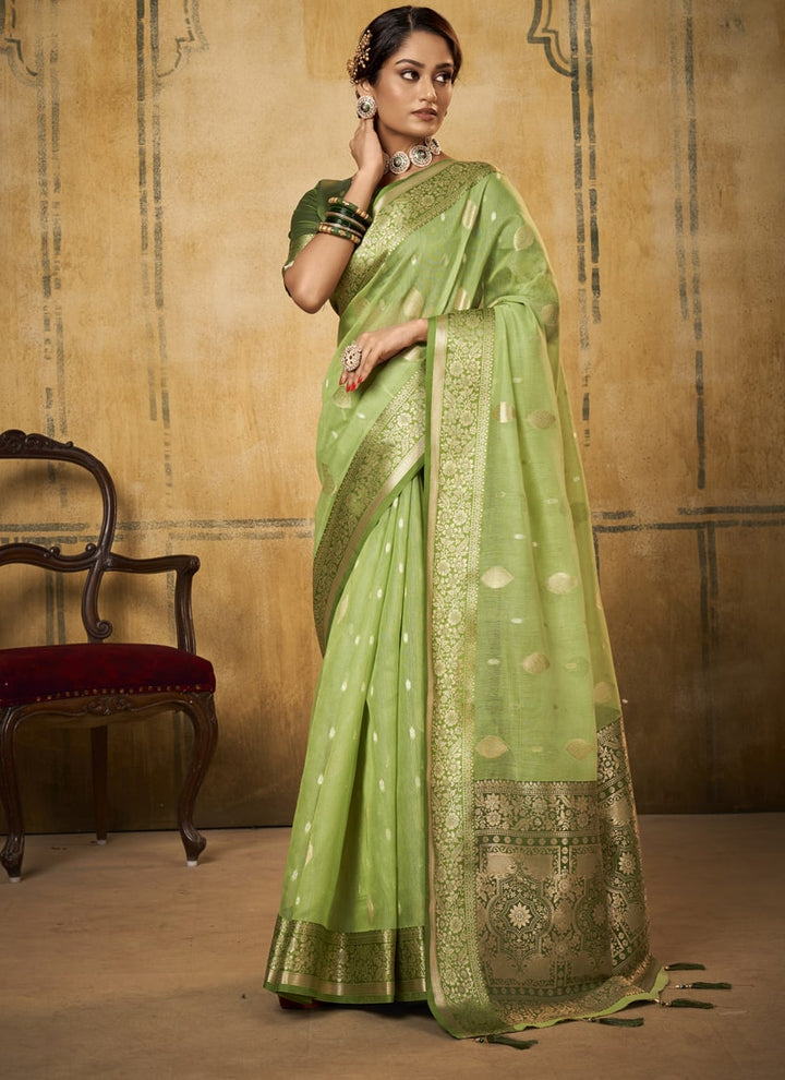 Lassya Fashion Pista Green Classic Banarasi Silk Saree and Blouse Set