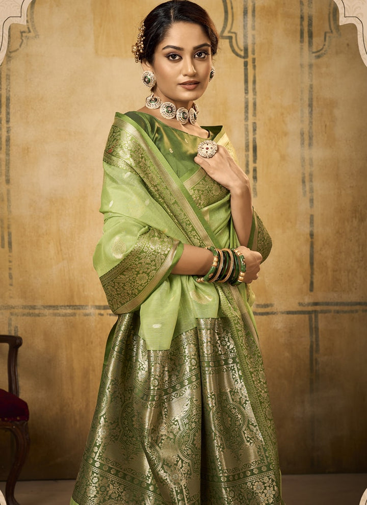 Lassya Fashion Pista Green Classic Banarasi Silk Saree and Blouse Set