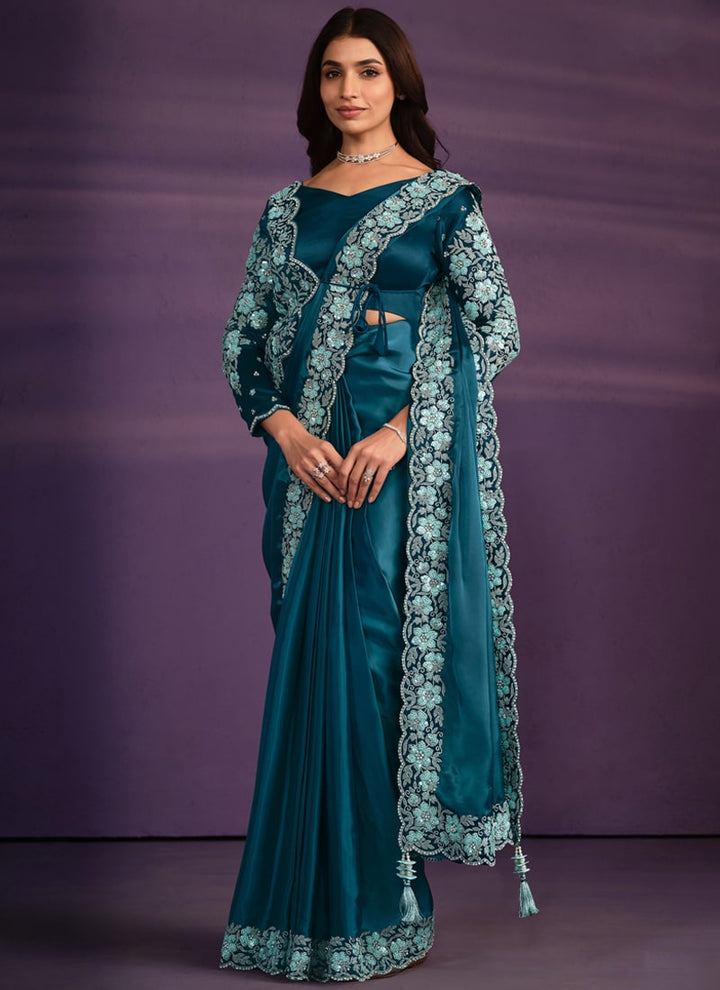 Lassya Fashion Teal Green Designer Ready-to-Wear Saree with Embroidered Work