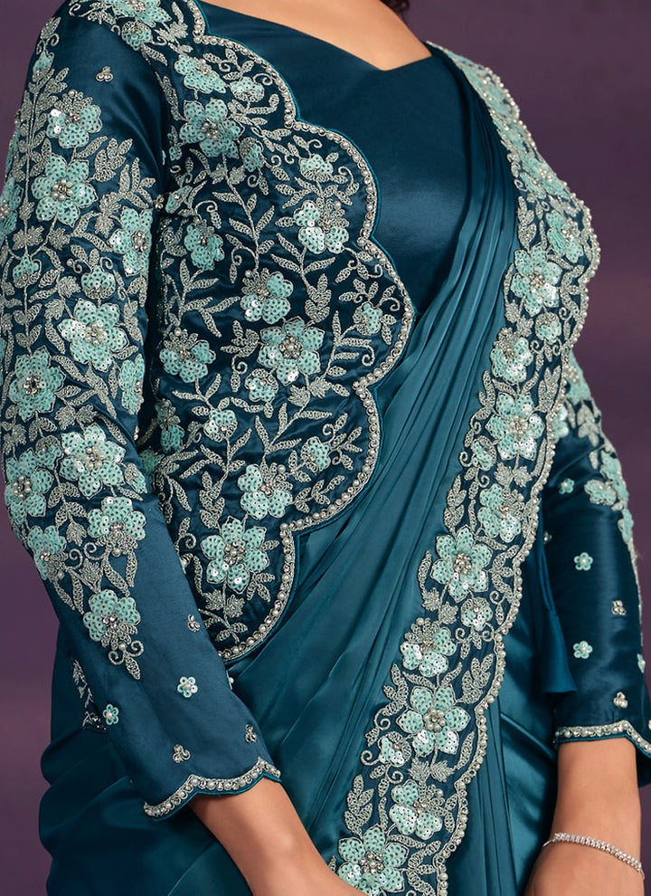 Lassya Fashion Teal Green Designer Ready-to-Wear Saree with Embroidered Work