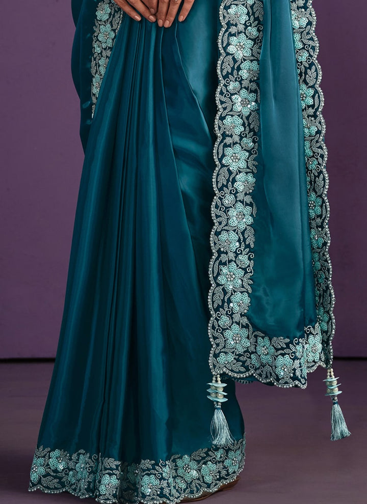 Lassya Fashion Teal Green Designer Ready-to-Wear Saree with Embroidered Work