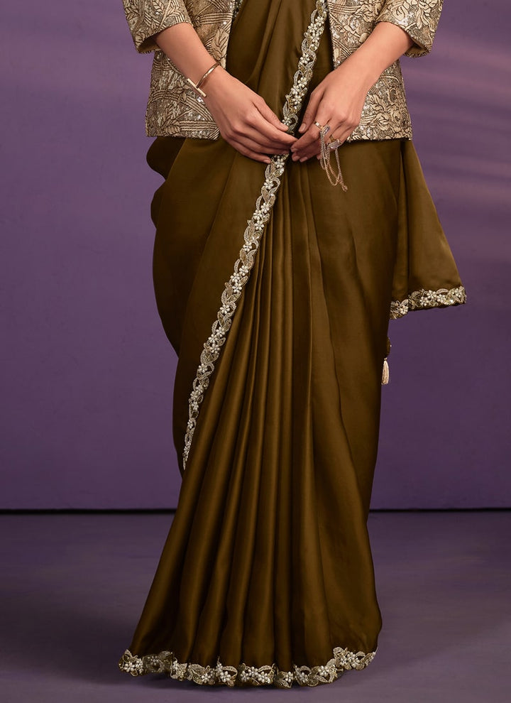 Lassya Fashion Mehandi Green Designer Ready-to-Wear Saree with Embroidered Work