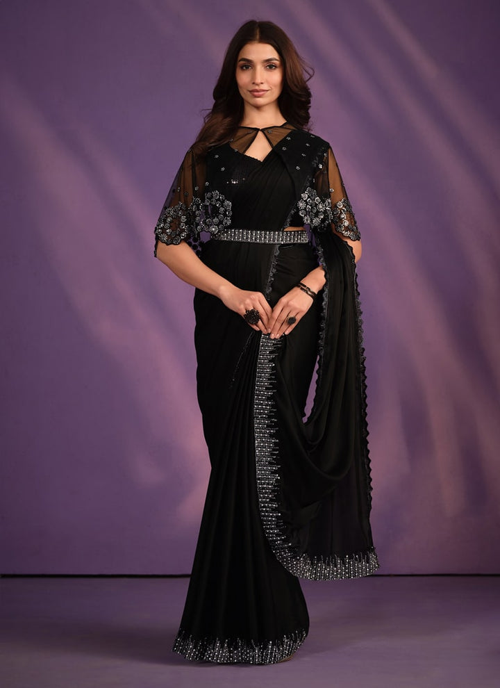 Lassya Fashion Midnight Black Designer Ready-to-Wear Saree with Embroidered Work