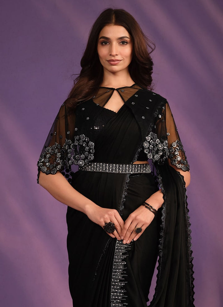 Lassya Fashion Midnight Black Designer Ready-to-Wear Saree with Embroidered Work