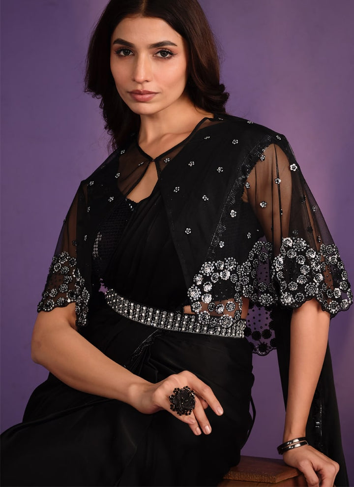 Lassya Fashion Midnight Black Designer Ready-to-Wear Saree with Embroidered Work