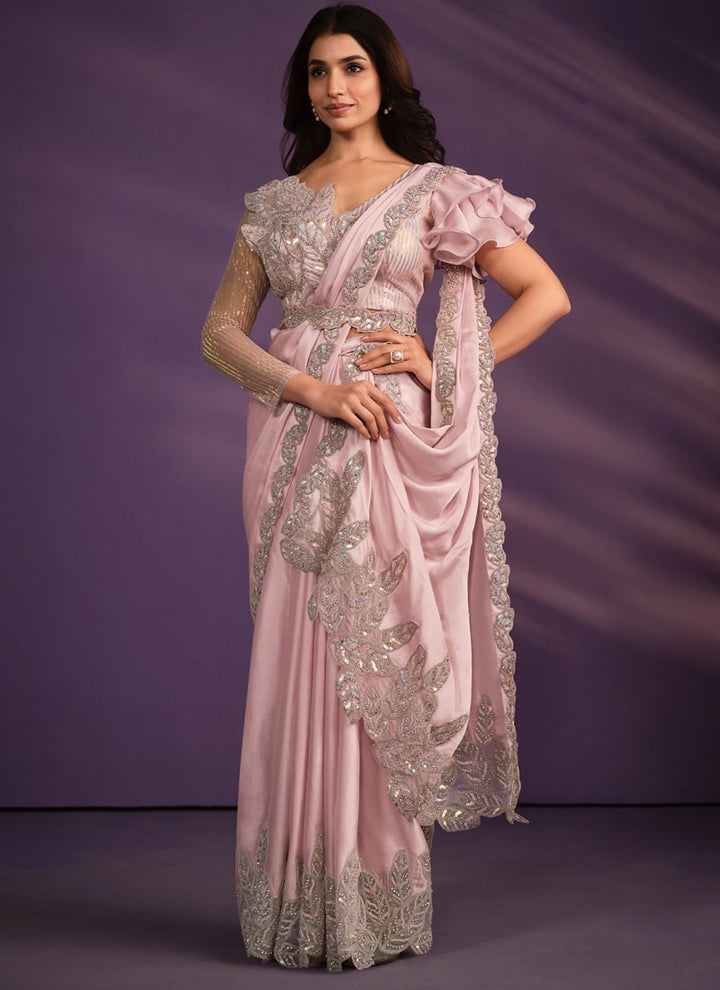 Lassya Fashion Blush Pink Designer Ready-to-Wear Saree with Embroidered Work