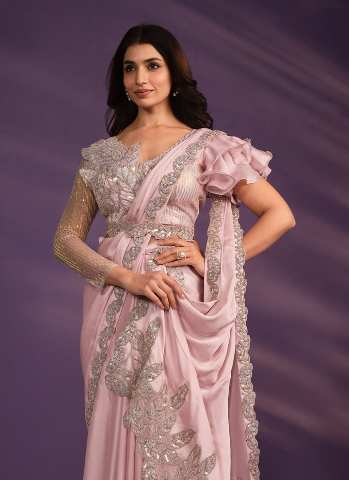 Lassya Fashion Blush Pink Designer Ready-to-Wear Saree with Embroidered Work