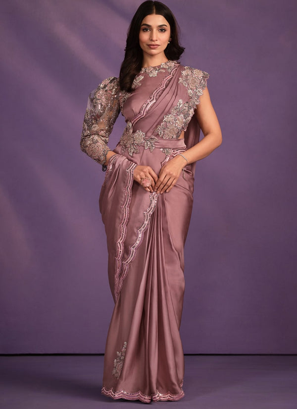 Lassya Fashion Mauve Designer Ready-to-Wear Saree with Embroidered Work