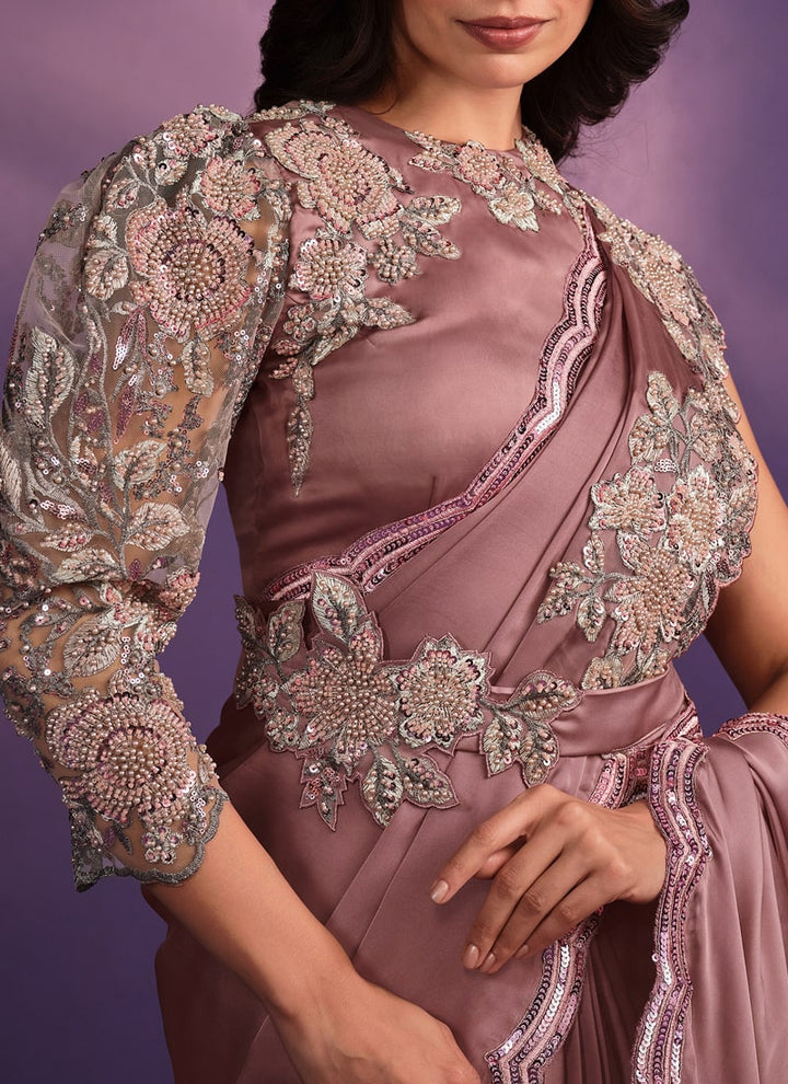 Lassya Fashion Mauve Designer Ready-to-Wear Saree with Embroidered Work