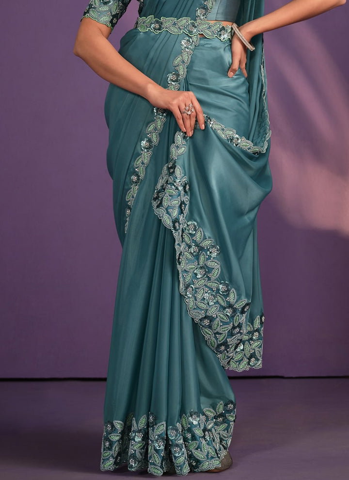 Lassya Fashion Rama Green Designer Ready-to-Wear Saree with Embroidered Work