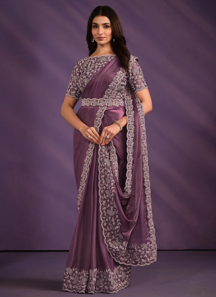 Lassya Fashion Dark Mauve Designer Ready-to-Wear Saree with Embroidered Work