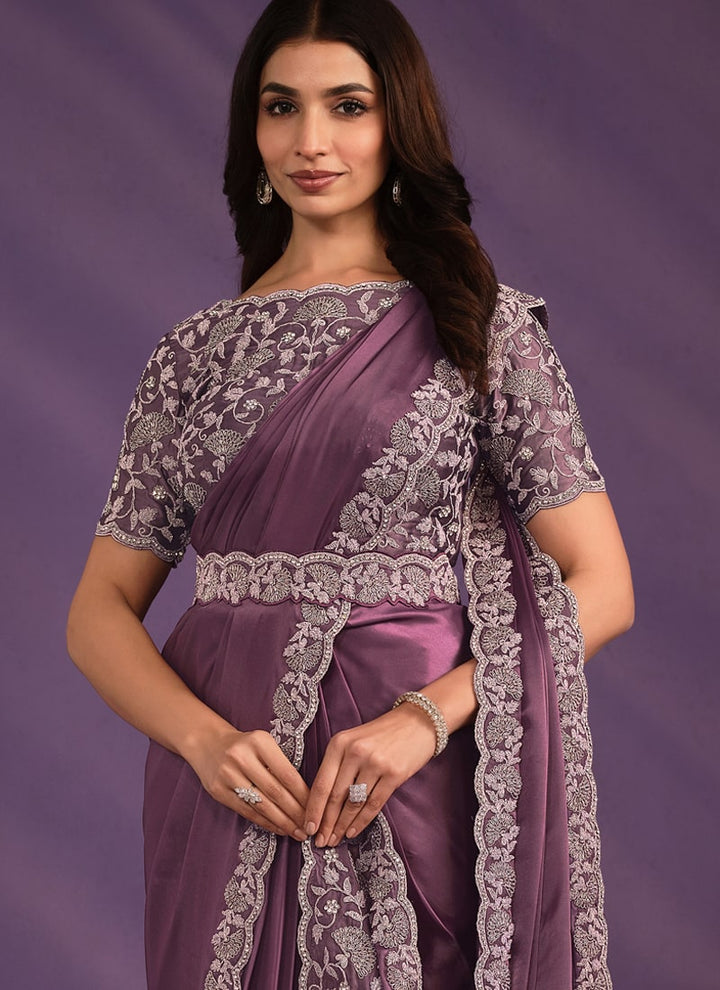 Lassya Fashion Dark Mauve Designer Ready-to-Wear Saree with Embroidered Work