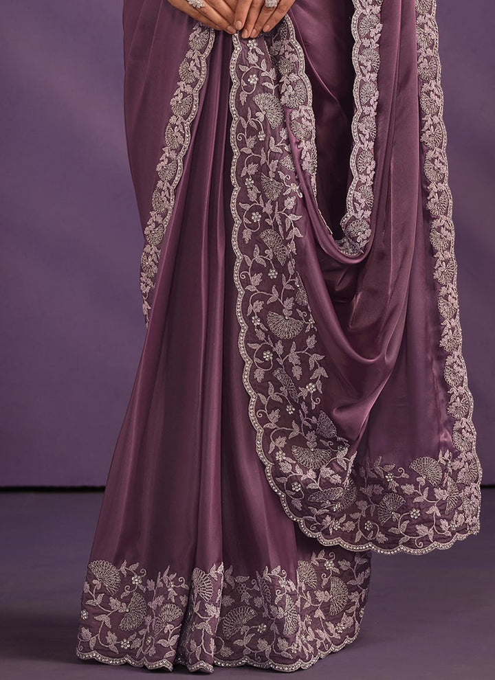 Lassya Fashion Dark Mauve Designer Ready-to-Wear Saree with Embroidered Work