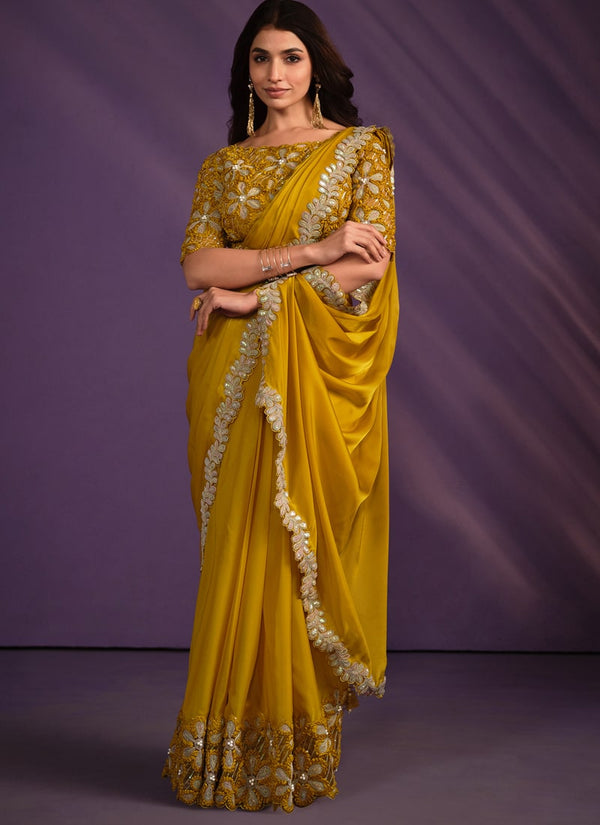 Lassya Fashion Mustard Yellow Designer Ready-to-Wear Saree with Embroidered Work