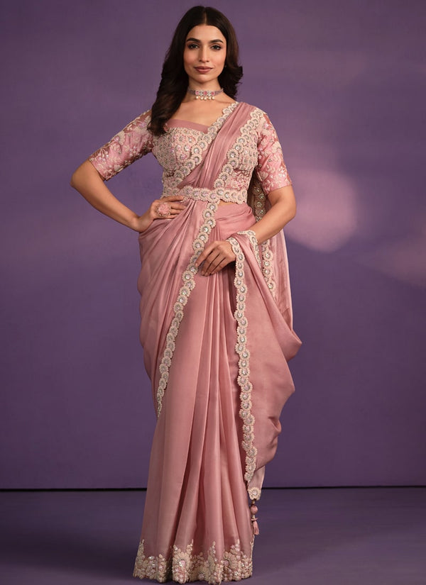 Lassya Fashion Peach Pink Designer Ready-to-Wear Saree with Embroidered Work