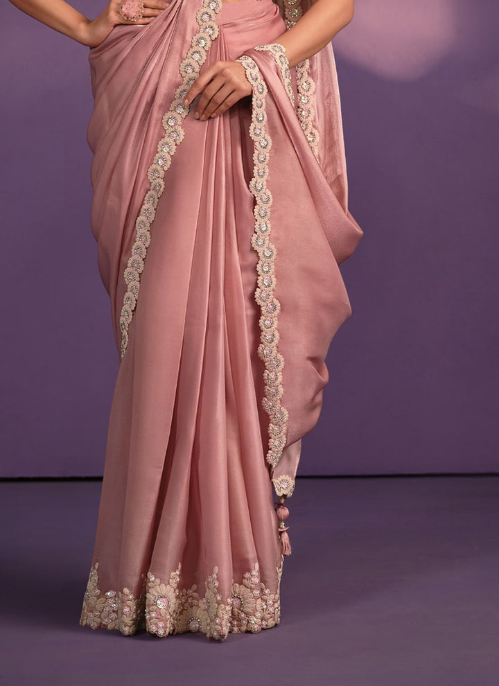 Lassya Fashion Peach Pink Designer Ready-to-Wear Saree with Embroidered Work