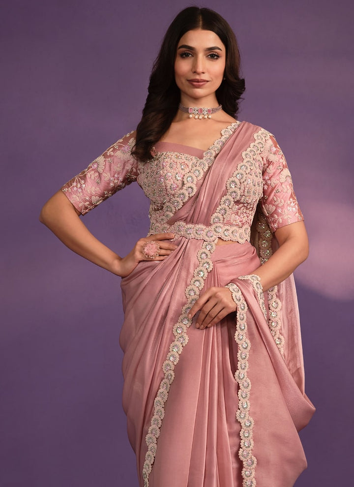 Lassya Fashion Peach Pink Designer Ready-to-Wear Saree with Embroidered Work