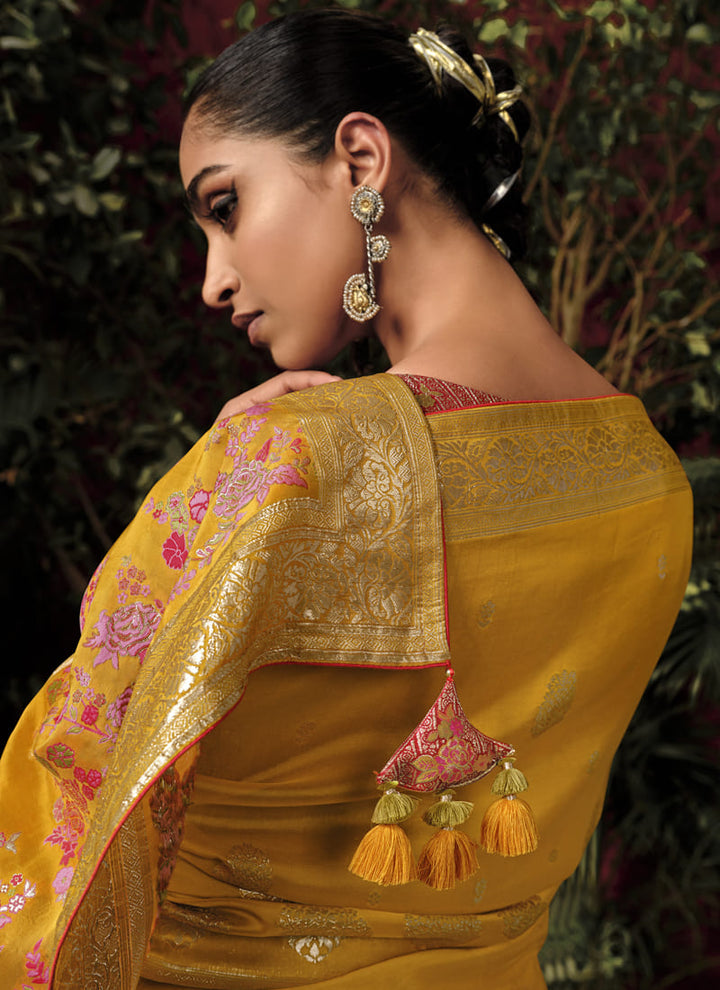 Lassya Fashion Mustard Yellow Zari Weaved Pure Viscose Dola Silk Saree