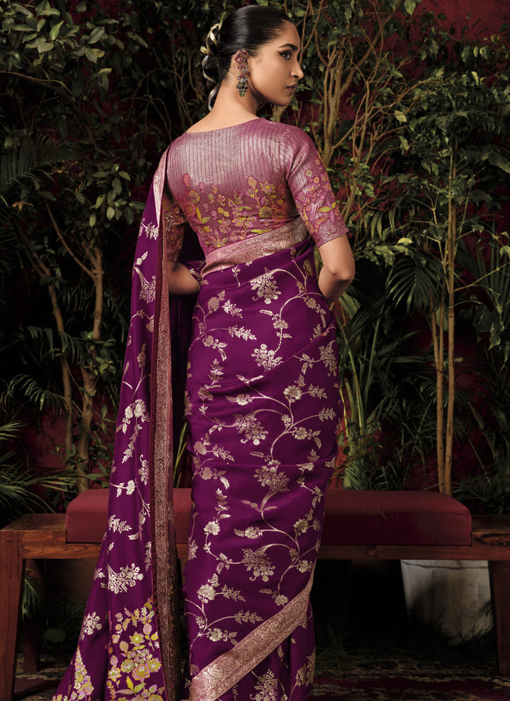 Lassya Fashion Purple Wine Zari Weaved Pure Viscose Dola Silk Saree