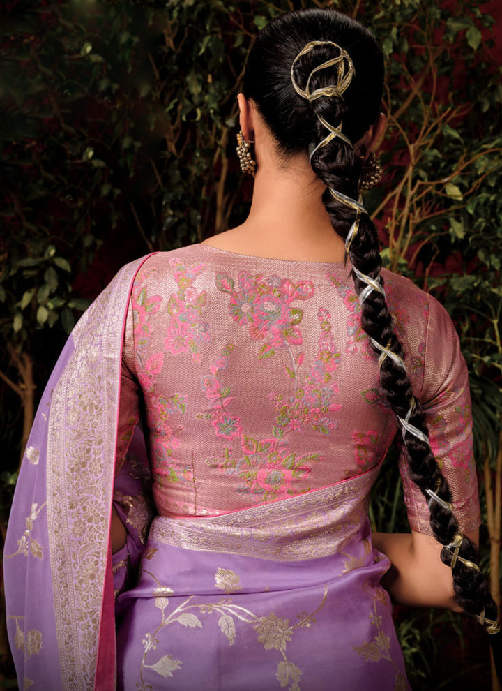 Lassya Fashion Lavender Zari Weaved Pure Viscose Dola Silk Saree