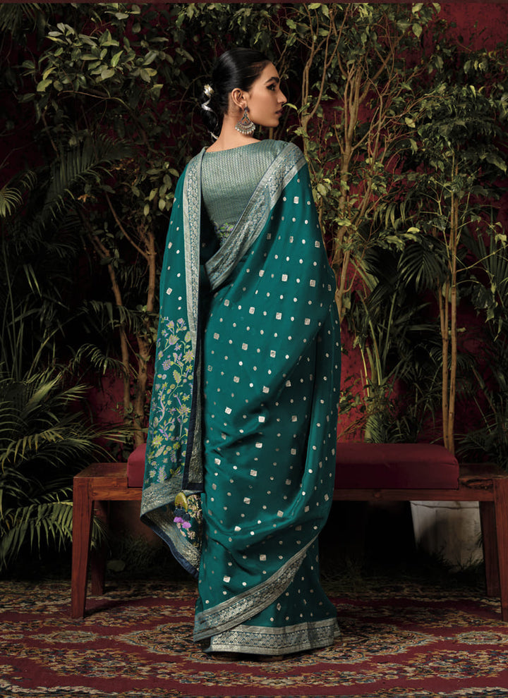 Lassya Fashion Pine Green Designer Zari Weaved Pure Viscose Dola Silk Saree