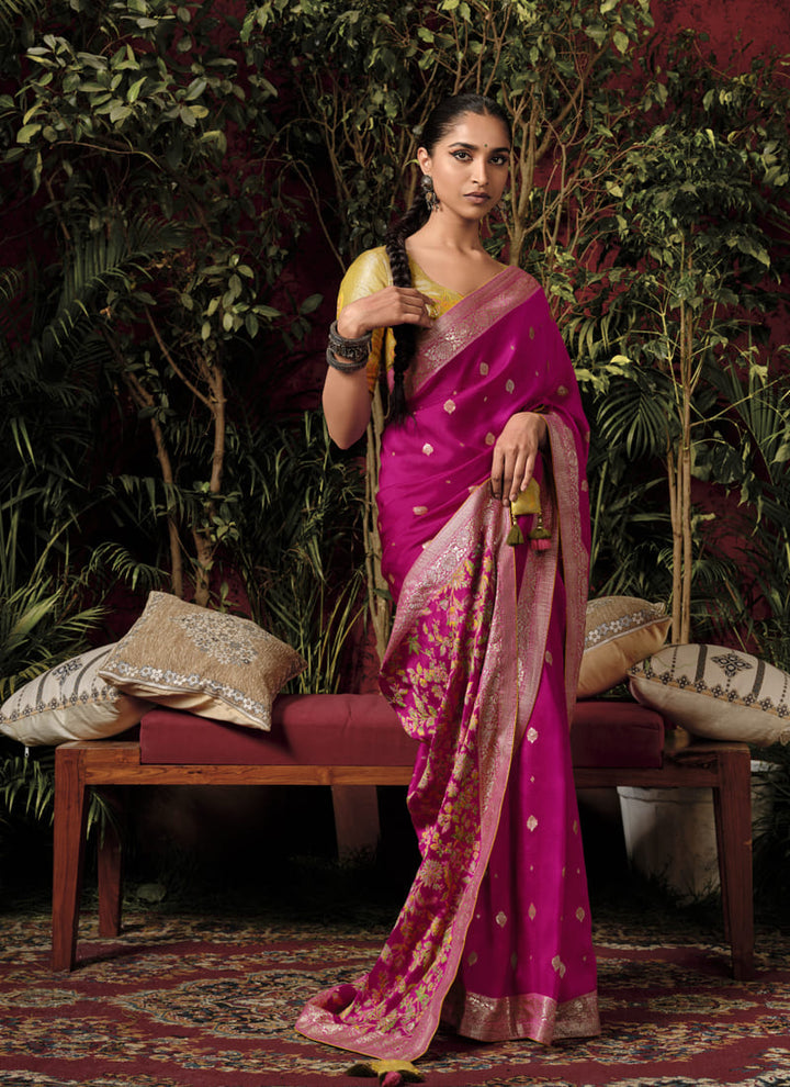 Lassya Fashion Magenta Pink Designer Zari Weaved Pure Viscose Dola Silk Saree