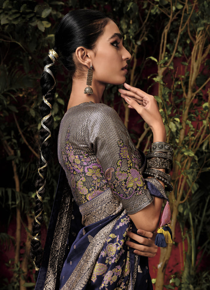 Lassya Fashion Midnight Blue Designer Zari Weaved Pure Viscose Dola Silk Saree