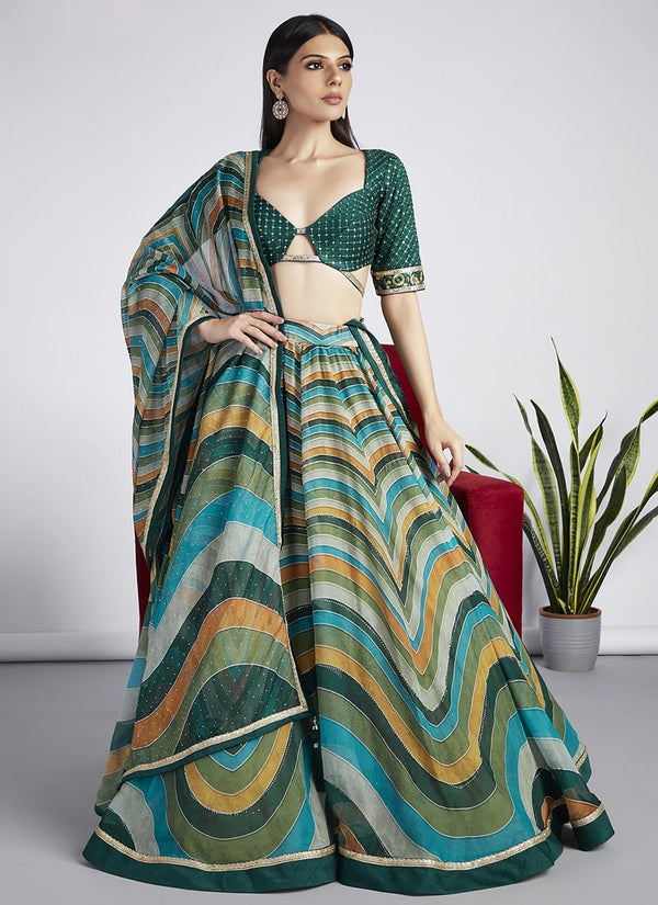 Lassya Fashion Pine Green Exquisite Bridal Lehengas with Organza Flair and Silk Blouse
