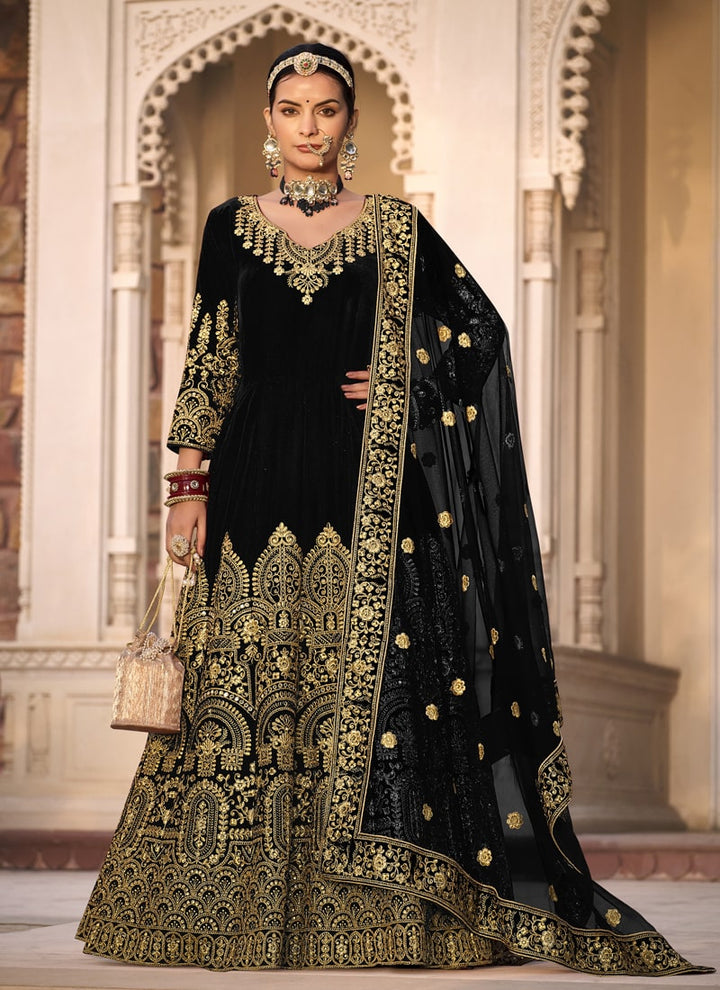 Lassya Fashion Dark Black Velvet Anarkali Dress with Butterfly Net Dupatta