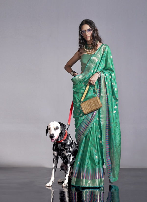 Lassya Fashion Mint Green Partywear Satin Silk Saree with Jari Lining