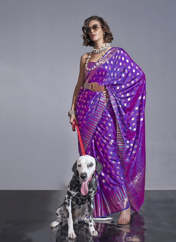 Lassya Fashion Violet Partywear Satin Silk Saree with Jari Lining