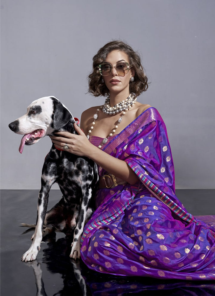 Lassya Fashion Violet Partywear Satin Silk Saree with Jari Lining