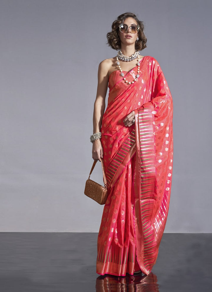 Lassya Fashion Coral Red Partywear Satin Silk Saree with Jari Lining