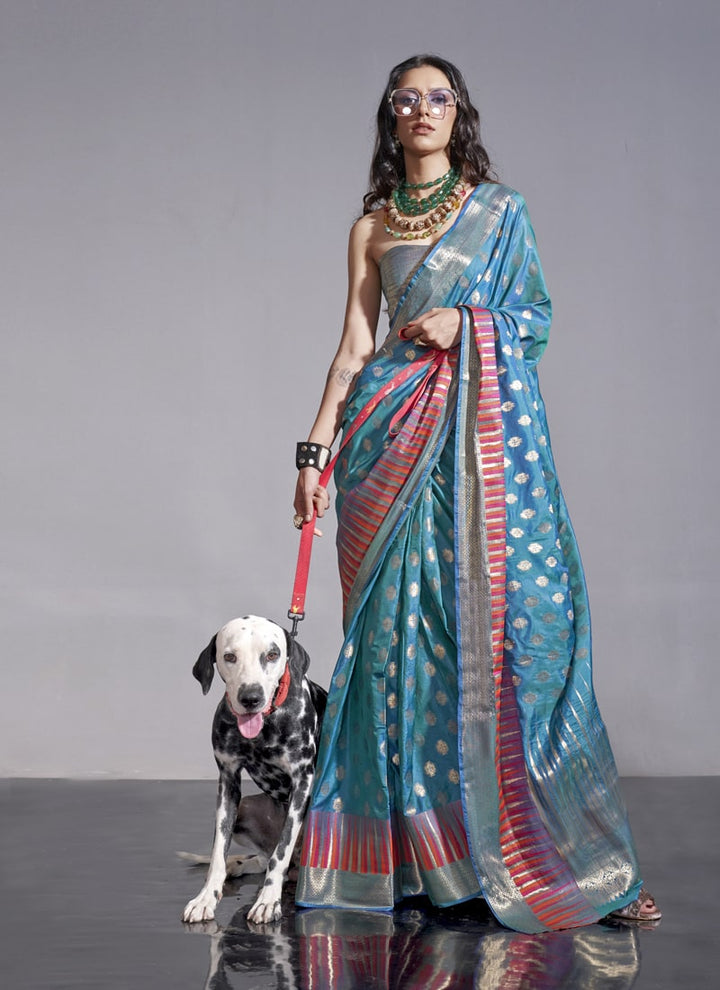 Lassya Fashion Peacock Blue Partywear Satin Silk Saree with Jari Lining