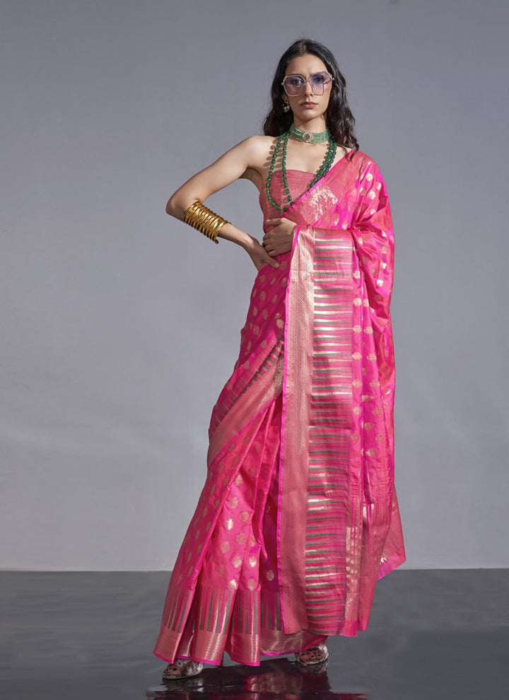 Lassya Fashion Rani Pink Partywear Satin Silk Saree with Jari Lining