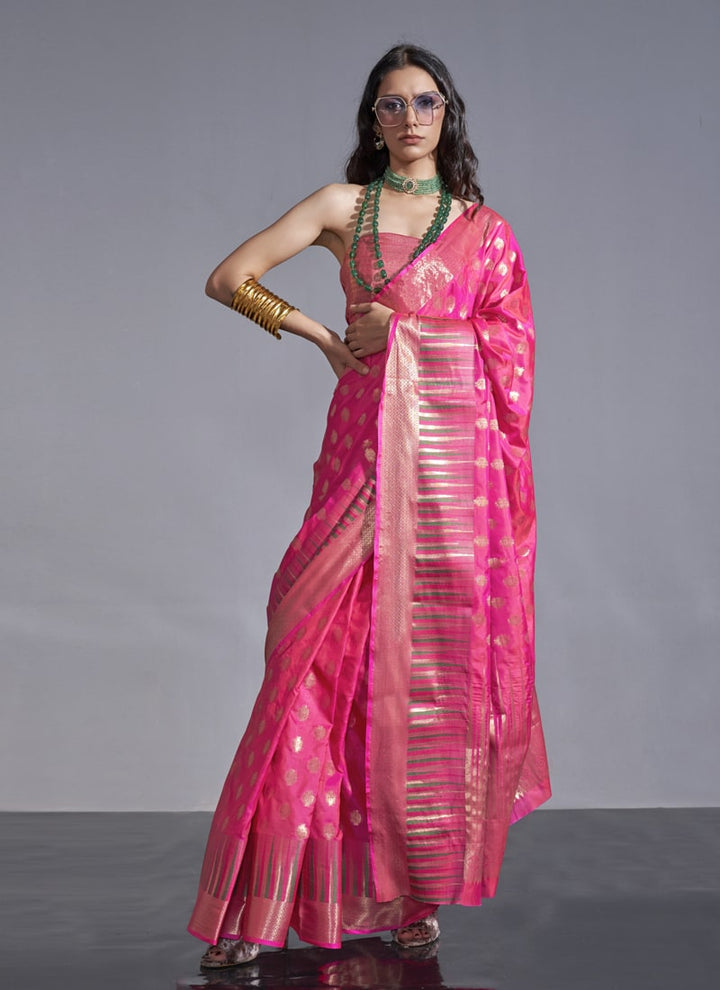 Lassya Fashion Rani Pink Partywear Satin Silk Saree with Jari Lining