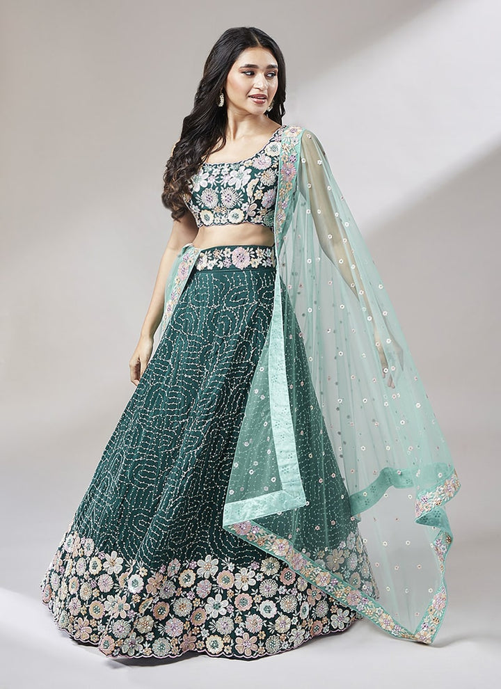 Lassya Fashion Teal Green Exquisite Bridal Lehengas with Organza Flair and Silk Blouse