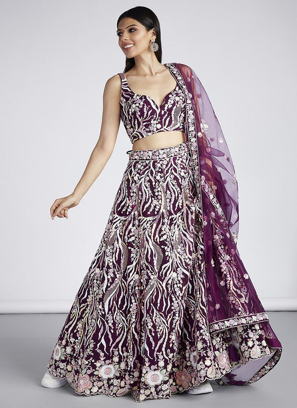 Lassya Fashion Purple Exquisite Bridal Lehengas with Net Flair and Silk Blouse