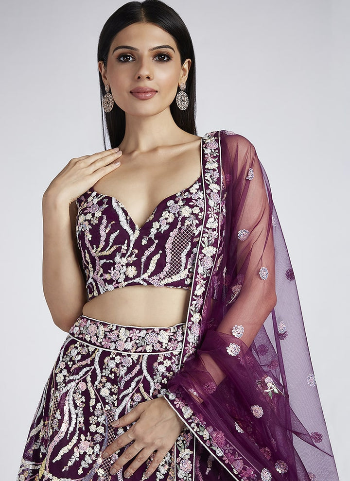 Lassya Fashion Purple Exquisite Bridal Lehengas with Net Flair and Silk Blouse