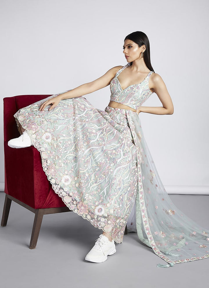 Lassya Fashion Light Grey Exquisite Bridal Lehengas with Net Flair and Silk Blouse