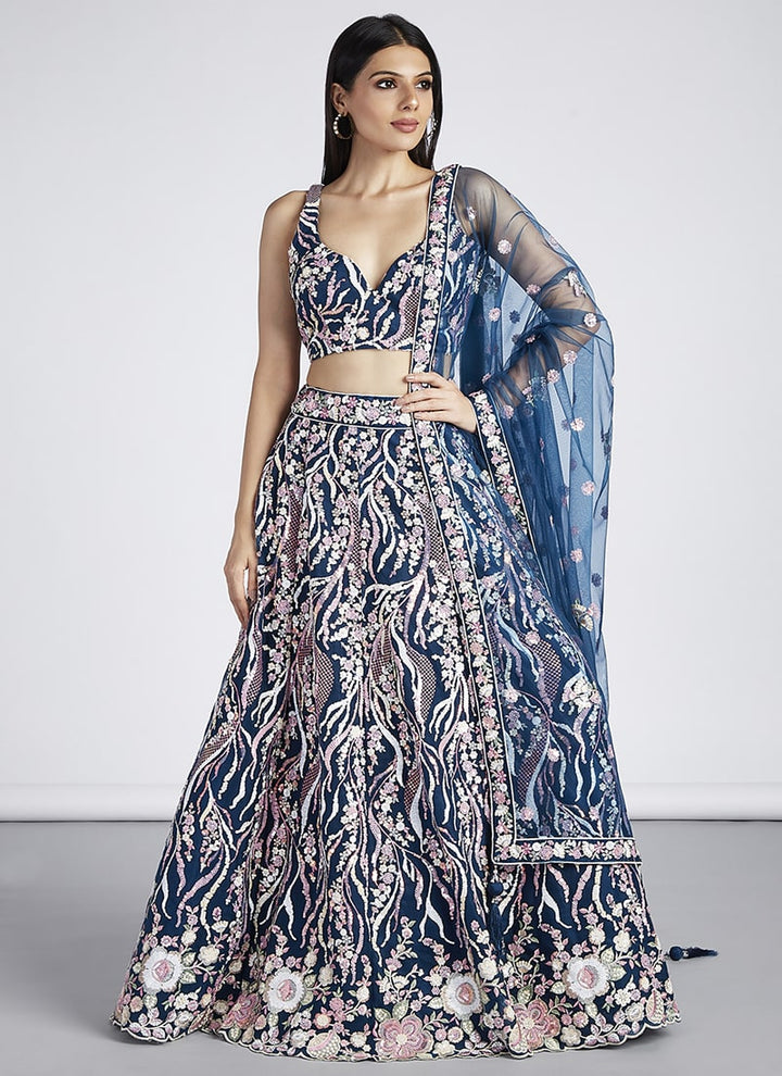 Lassya Fashion Navy Blue Exquisite Bridal Lehengas with Net Flair and Silk Blouse