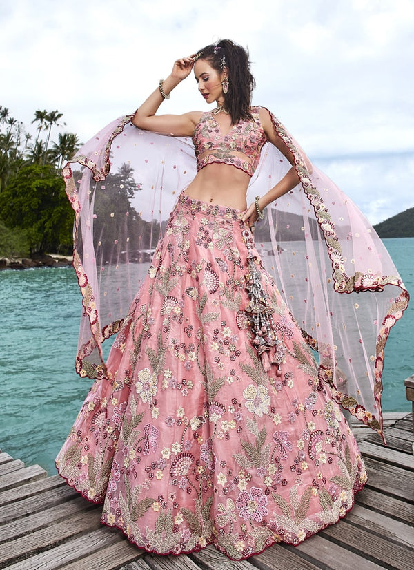 Lassya Fashion Baby Pink Opulent Bridal Lehengas with Organza Flair and Silk Blouse