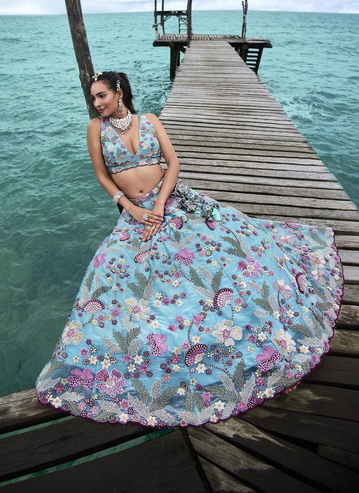Lassya Fashion Sky Blue Opulent Bridal Lehengas with Organza Flair and Silk Blouse