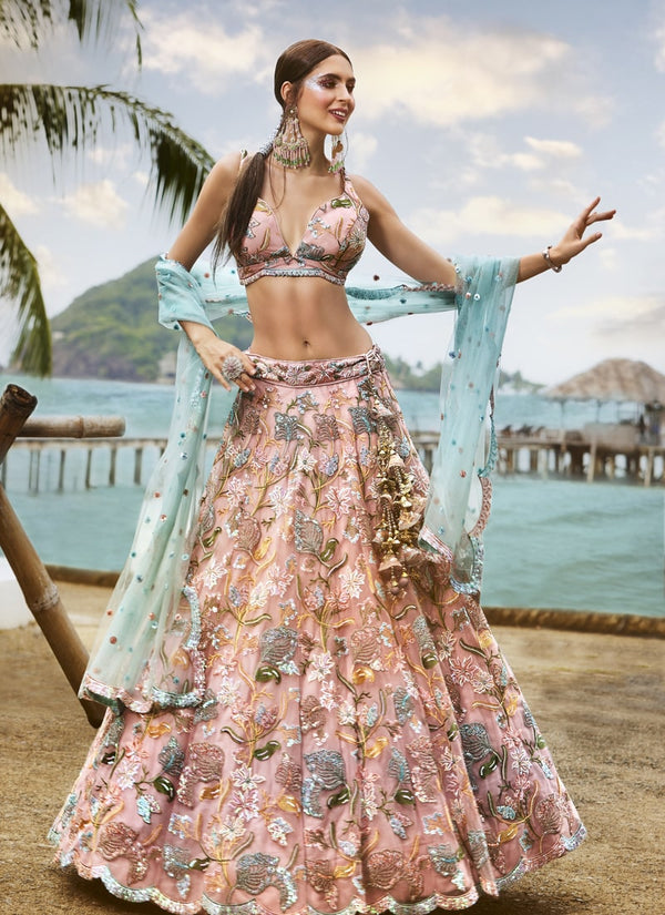 Lassya Fashion Peach Pink Exquisite Bridal Lehengas with Organza Flair and Silk Blouse